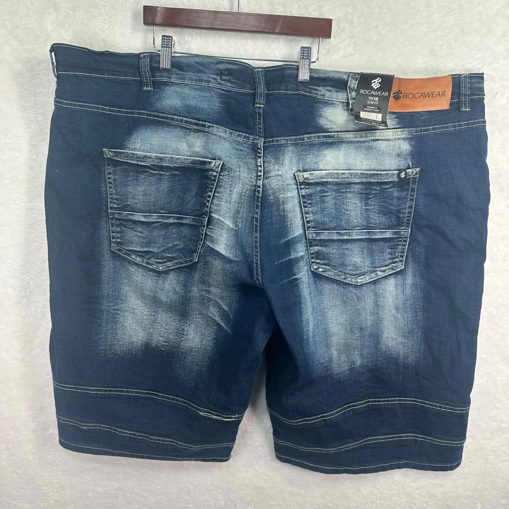 New Rocawear Denim Shorts Mens 48 Blue Biker Moto Embroidered Zip Pockets